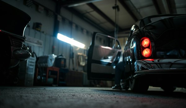 Garage with lifted trucks